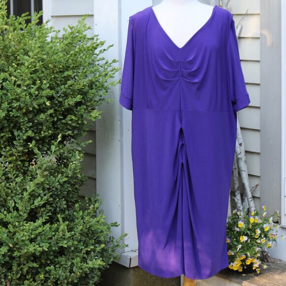 Magisculpt Plus Size Purple Blue Knit Stretch Shape Control V-Neck Pleated Dress - Picture 1 of 9